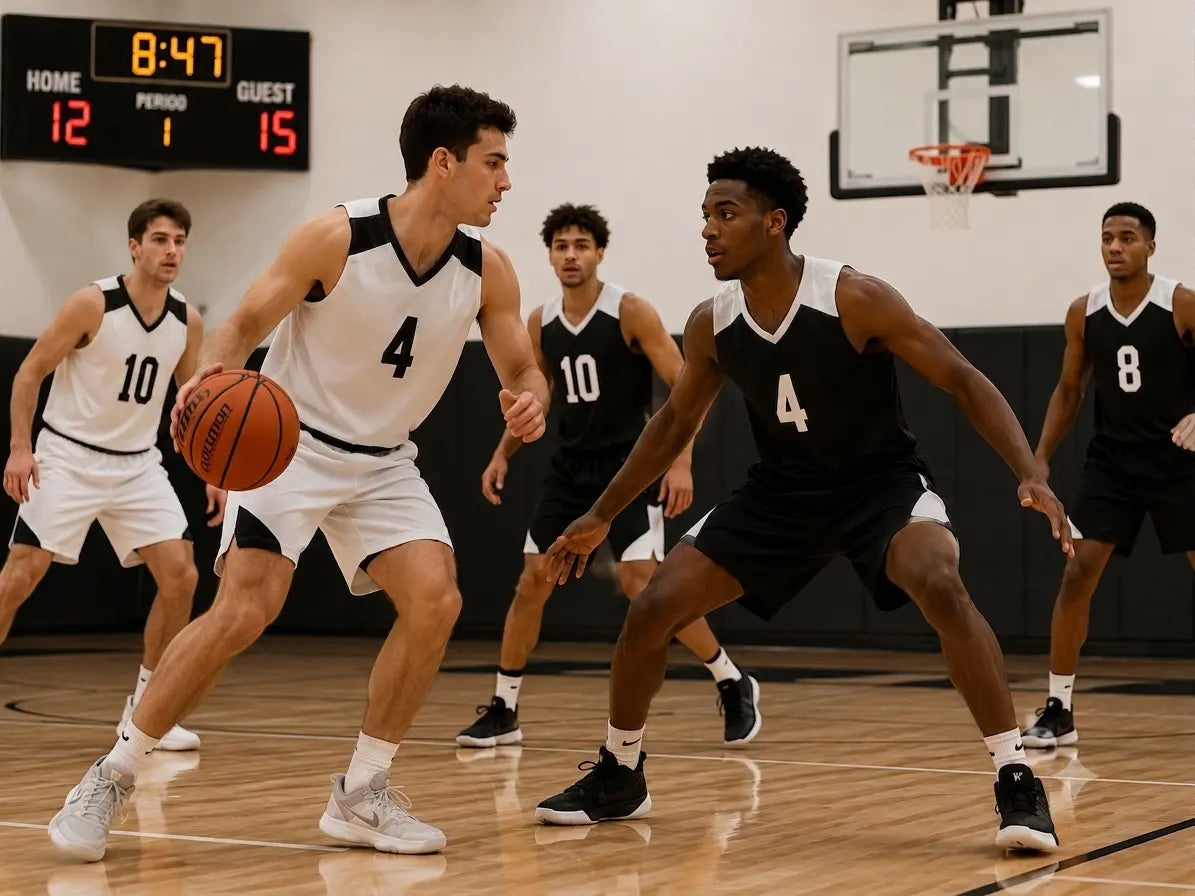 An indoor basketball game in progress, featuring two teams wearing simple, numbered jerseys with no names or logos.