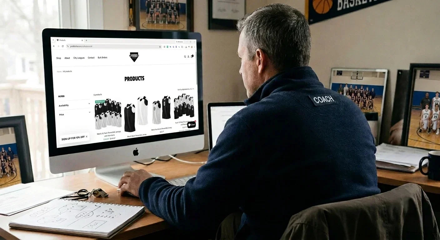 A coach browsing high-quality basketball jersey packs on the PRO90 website before making a purchase.