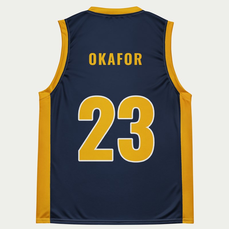 Custom adult basketball jersey, navy and gold side panel design, back with OKAFOR and number 23