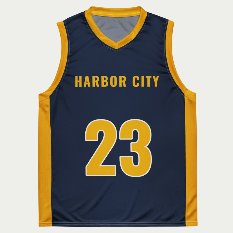 Custom adult basketball jersey, navy and gold side panel design, front with HARBOR CITY and number 23