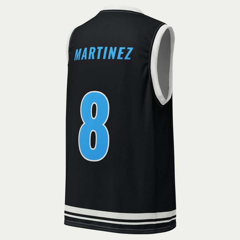 Custom adult basketball jersey, black, white and court blue classic design, back with MARTINEZ and number 8