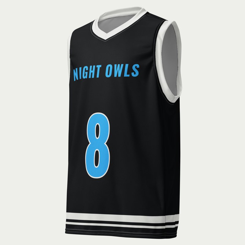 Custom adult basketball jersey, black, white and court blue classic design, front with NIGHT OWLS and number 8