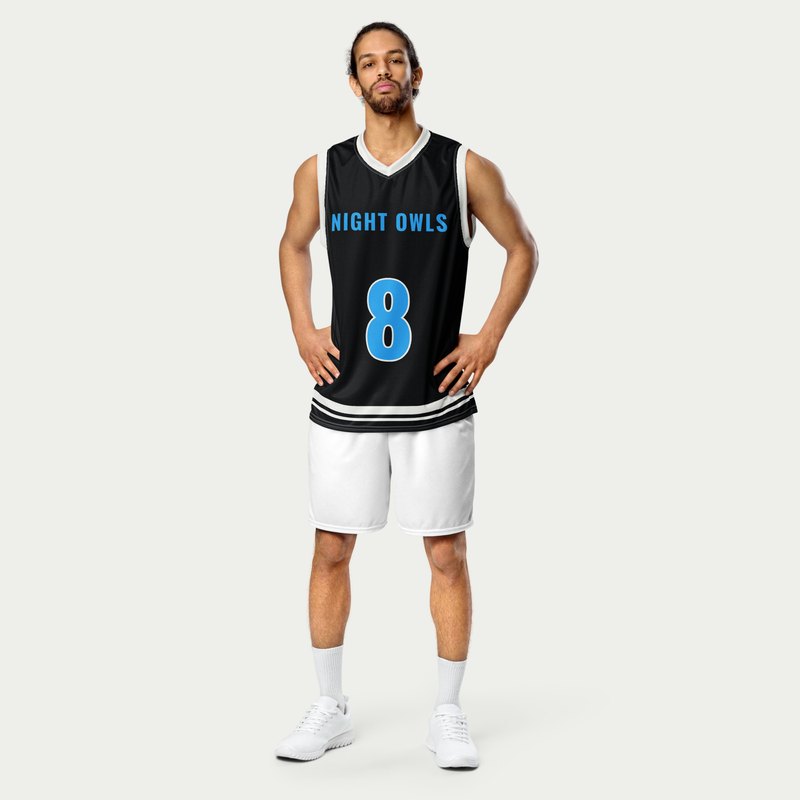 Custom adult basketball jersey worn by a model, black, white and court blue classic design, front with NIGHT OWLS and number 8