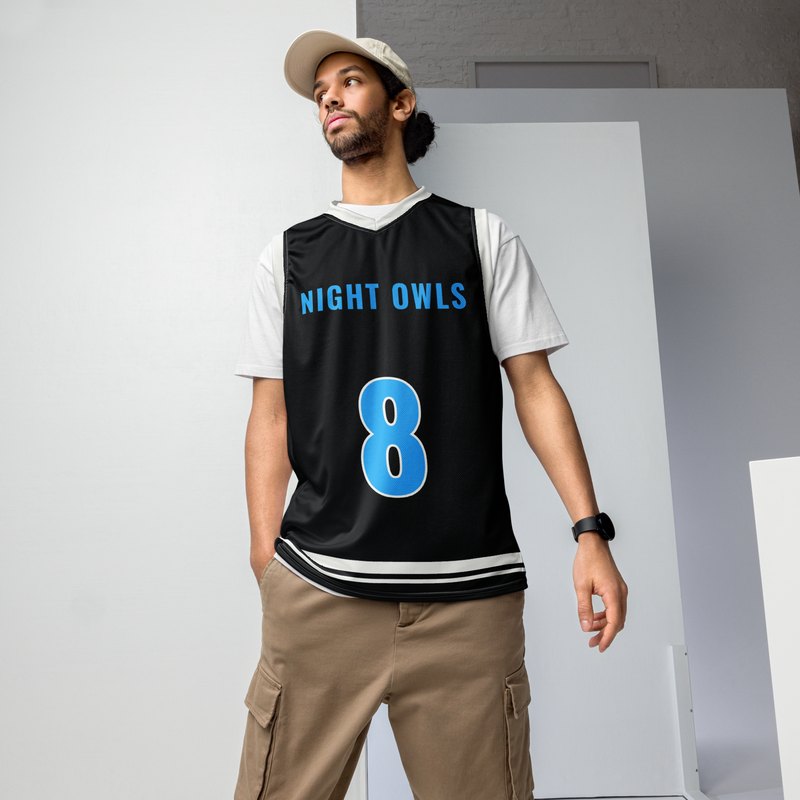 Custom adult basketball jersey worn by a player, black, white and court blue classic design, front with NIGHT OWLS and number 8