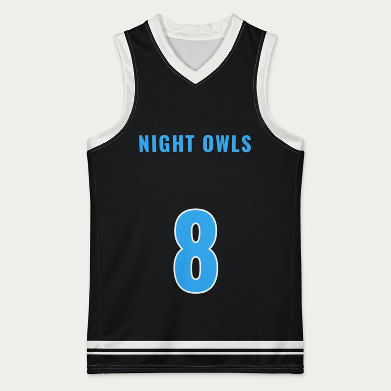 Custom youth basketball jersey, black, white and court blue classic design, front with NIGHT OWLS and number 8