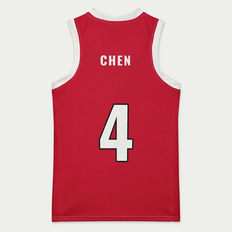 Custom youth basketball jersey, red and white chest stripe design, back with CHEN and number 4