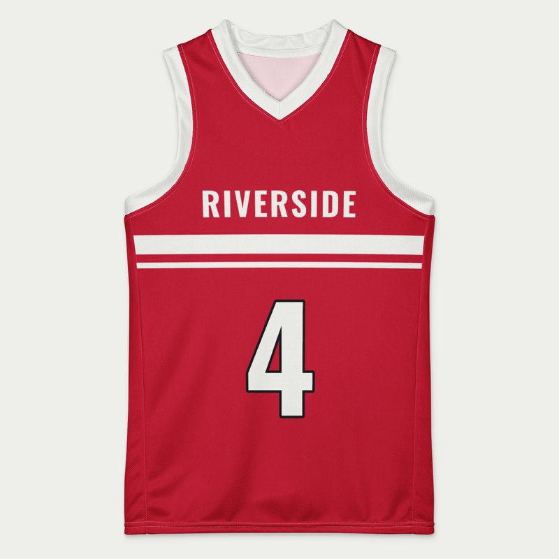 Custom youth basketball jersey, red and white chest stripe design, front with RIVERSIDE and number 4