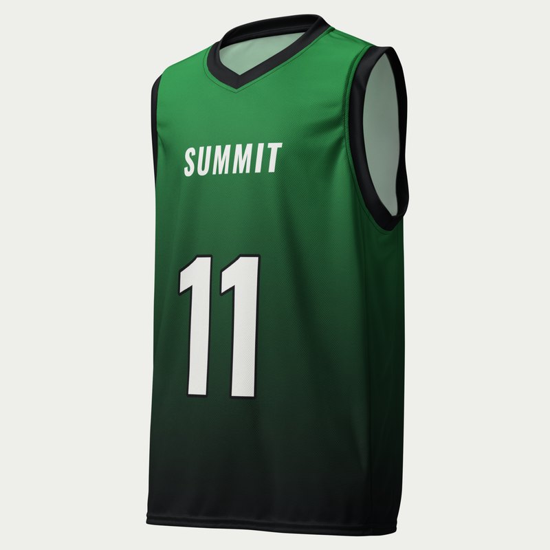 Custom adult basketball jersey, green and black fade design, front with SUMMIT and number 11