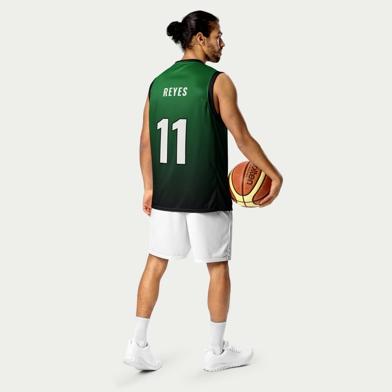 Custom adult basketball jersey worn by a model, green and black fade design, back with REYES and number 11