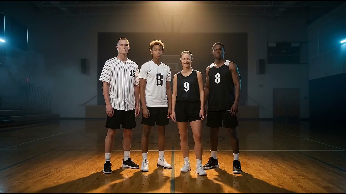 Four players in PRO90 Elite numbered jerseys: pinstripe softball, white and black basketball, and women's black jersey