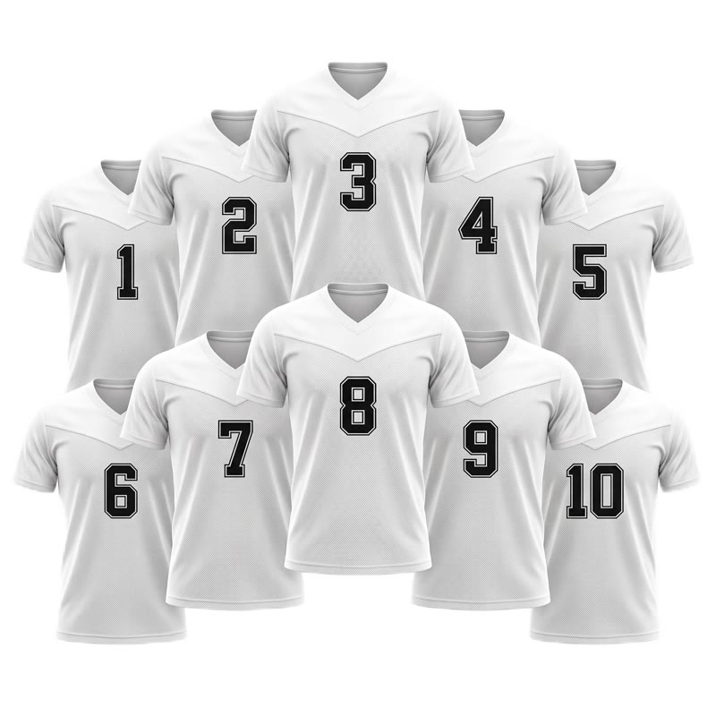 Ten numbered V-neck flag football jerseys