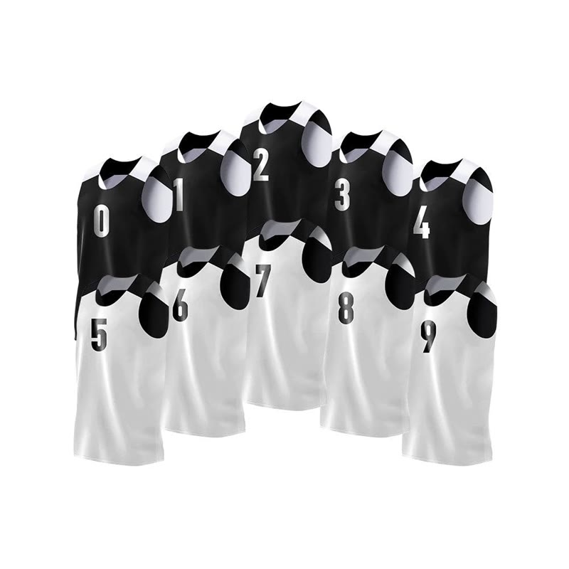 Ten reversible black and white basketball jerseys numbered 0 to 9