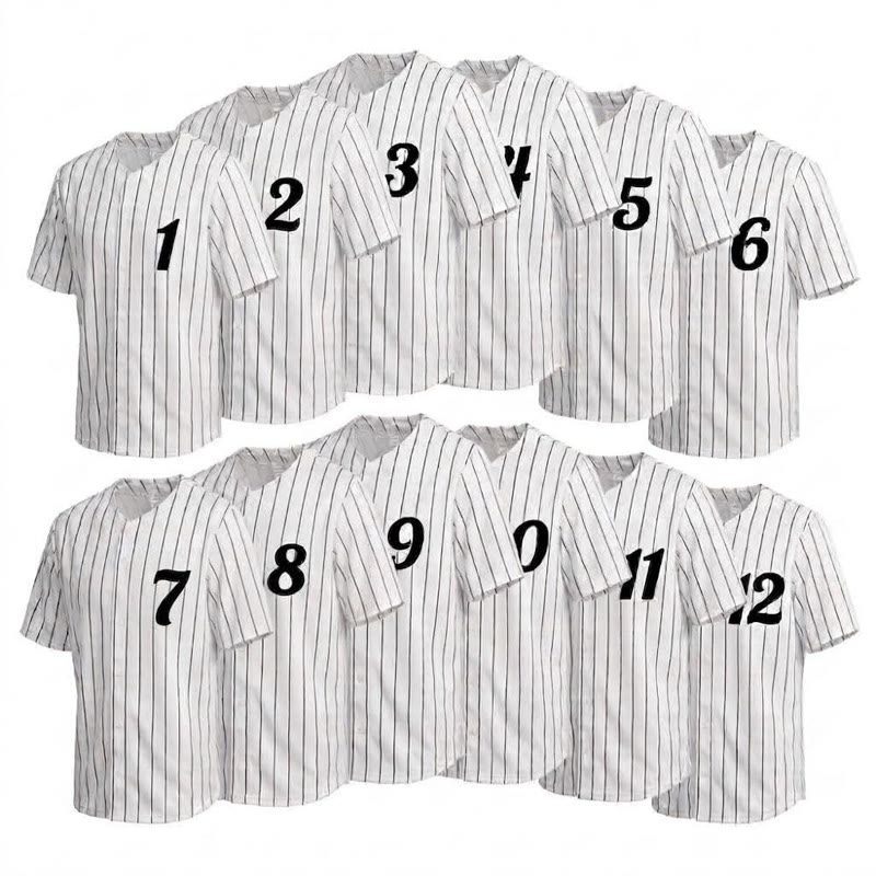 Twelve pinstripe button-up softball jerseys numbered 1 to 12