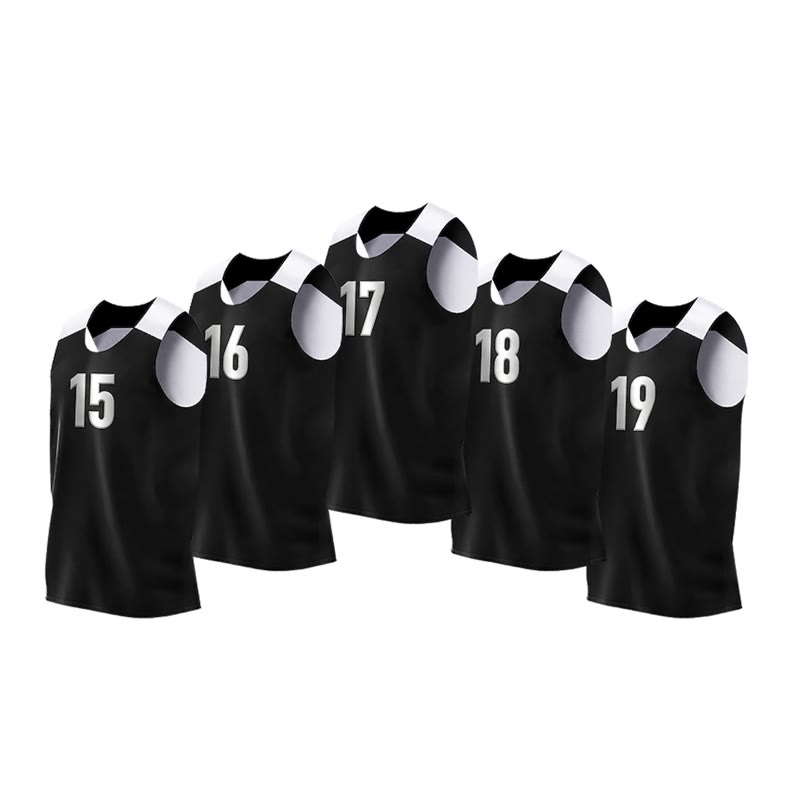 Five youth reversible jerseys numbered 0 to 4